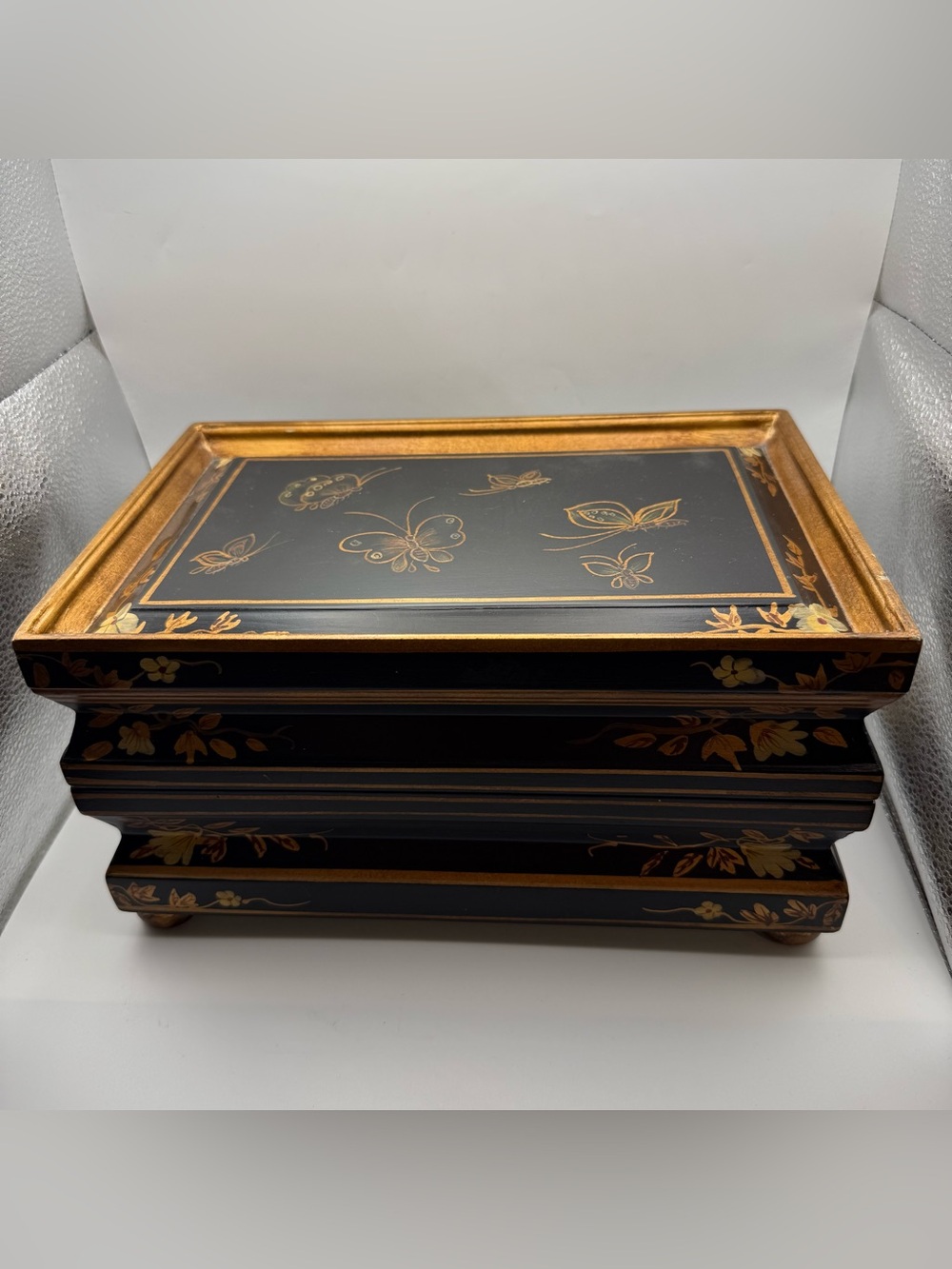 Japanese Vintage Style Jewelry Box Black And Gold With Hand-Painted Butterflies